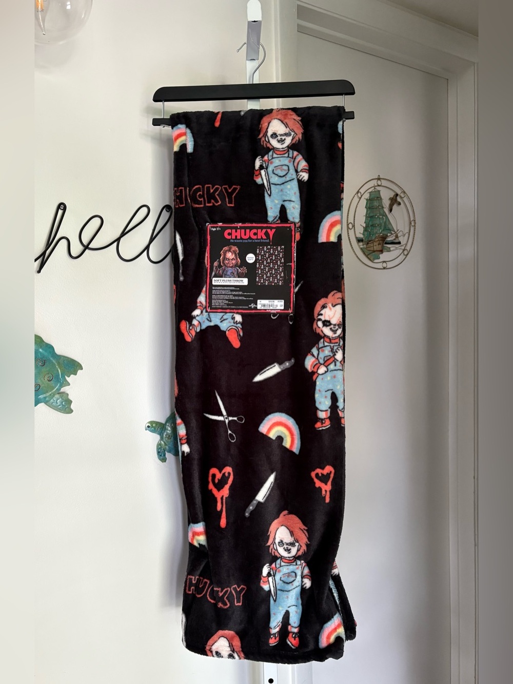 NEW Chucky Child’s Play “Rainbows & Hearts” Black Halloween Throw Blanket 50”x70